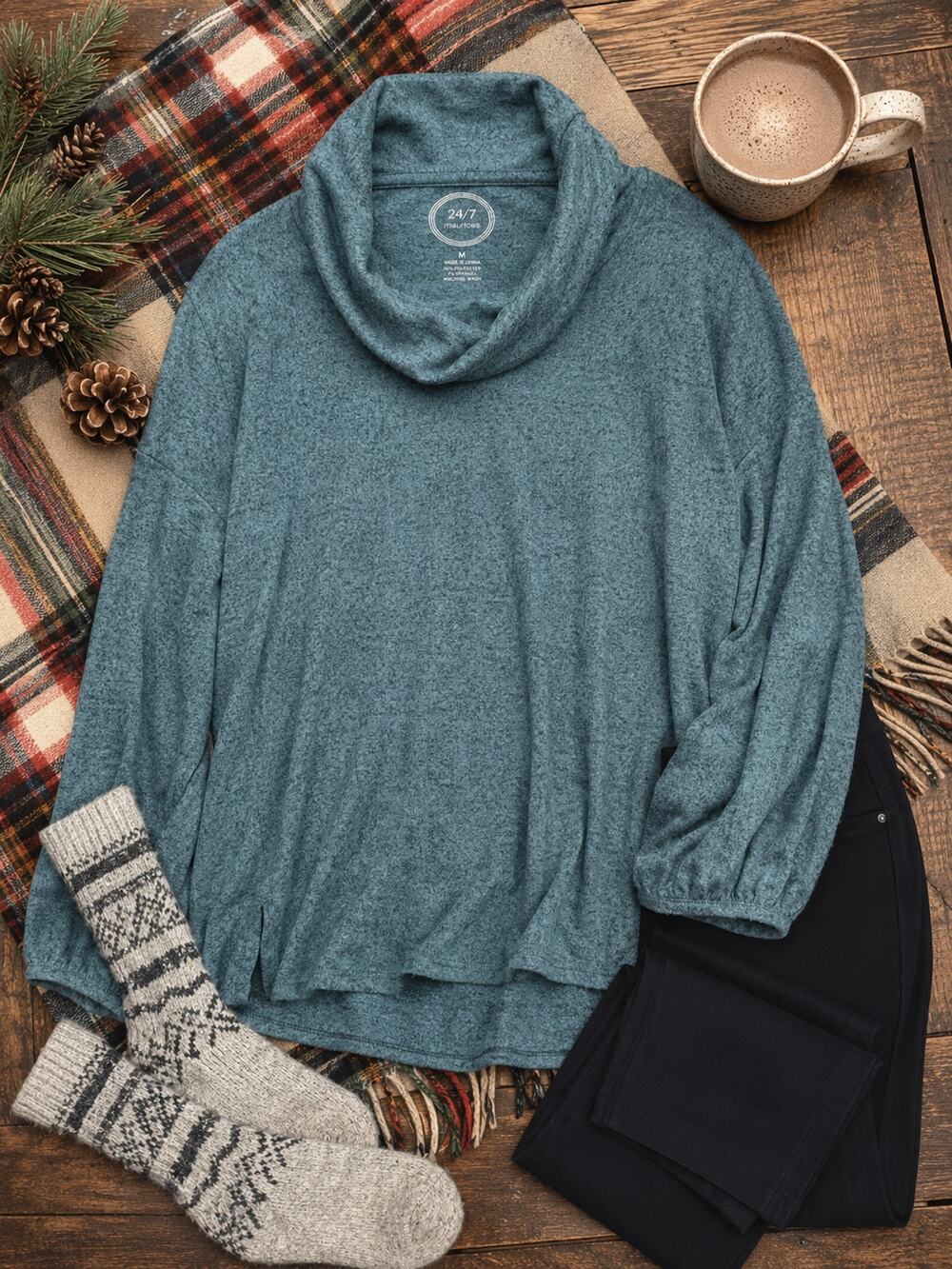 24/7 Matisse Heathered Teal Cowl Neck Tunic Sweater Top Medium
